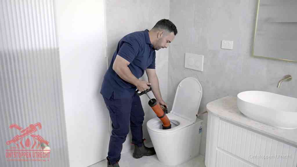 Een monteur buigt over een wandcloset en duwt met de hand een persluchtontstopper in de toiletpot om de verstopping handmatig los te maken in Utrecht