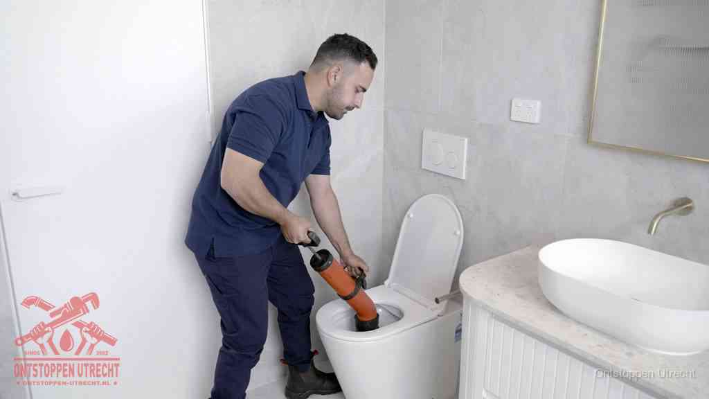Een monteur gebruikt een handmatige perspomp (toiletontstopper) op een wandcloset tijdens het professioneel wc ontstoppen in Utrecht