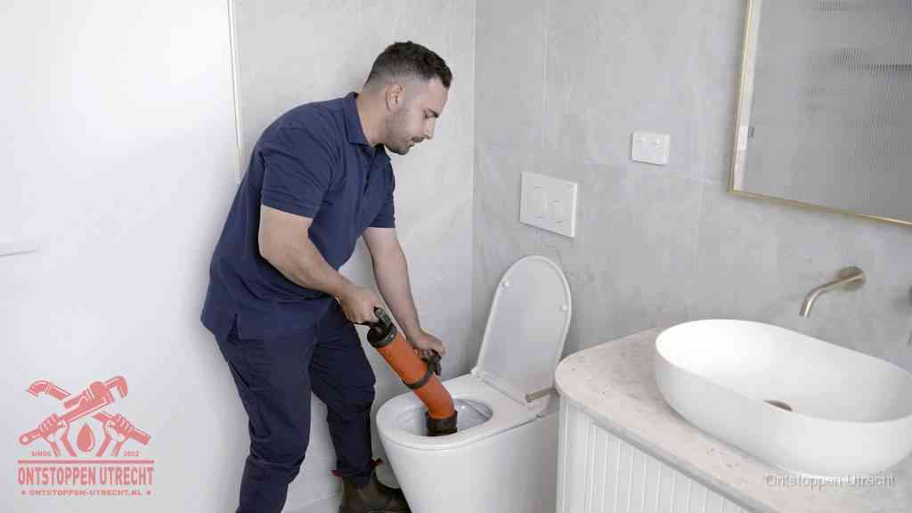 Een man gebruikt een handmatige luchtdruk-ontstopper in een modern betegeld toilet om zelf de wc te ontstoppen in Utrecht